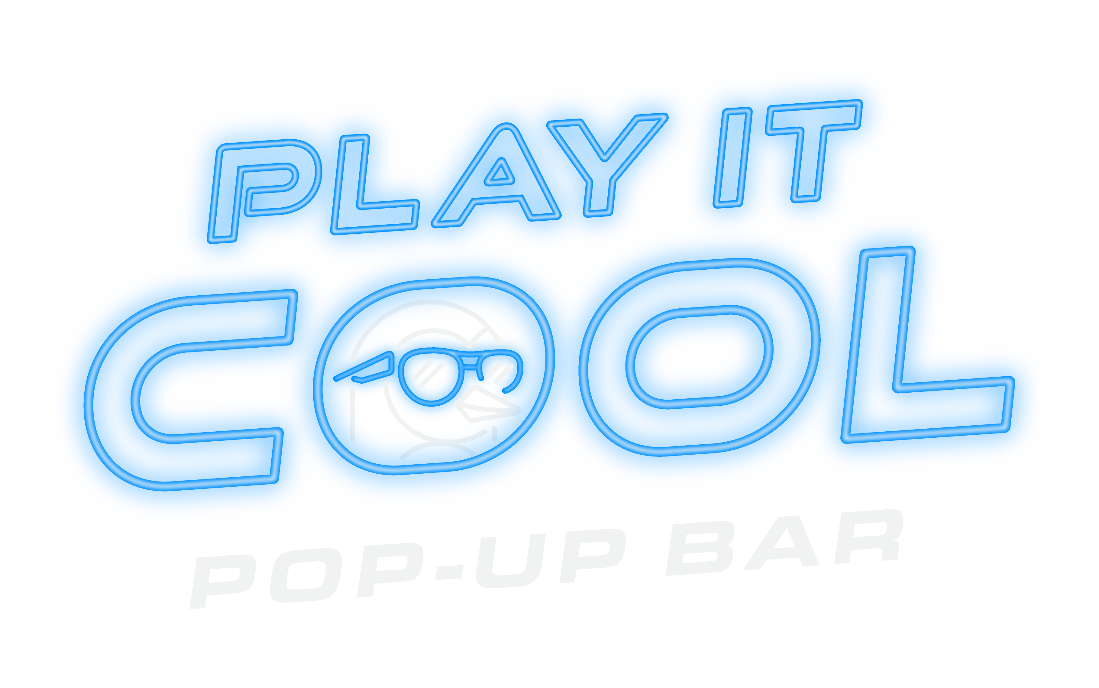 Play It Cool Pop-Up Bar logo in neon blue with a penguin wearing sunglasses inside the 'O' of 'COOL'.