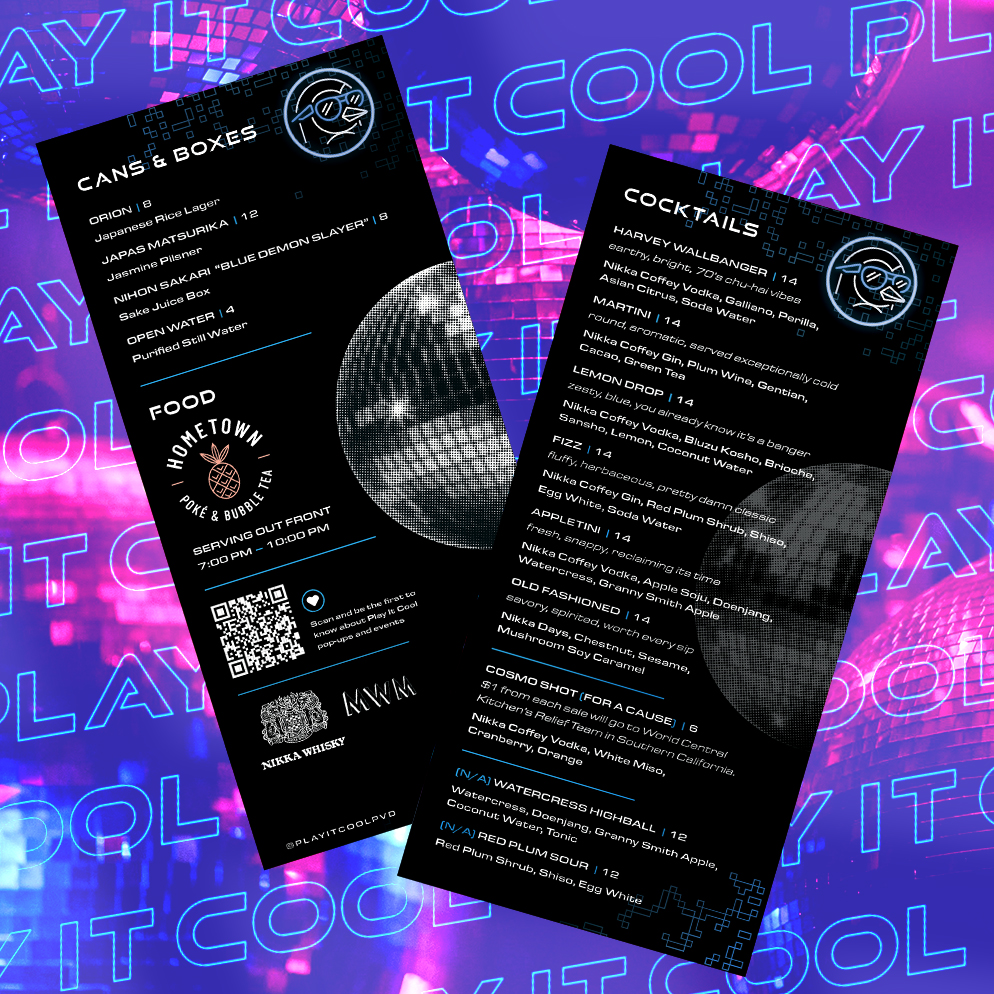 Craft cocktail menu featuring "Cans & Boxes" and "Cocktails" sections, with vibrant background text "PLAY IT COOL."