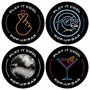 Play It Cool Pop-Up Bar sticker pack featuring a finger heart, a penguin with sunglasses, a disco ball, and a martini glass.