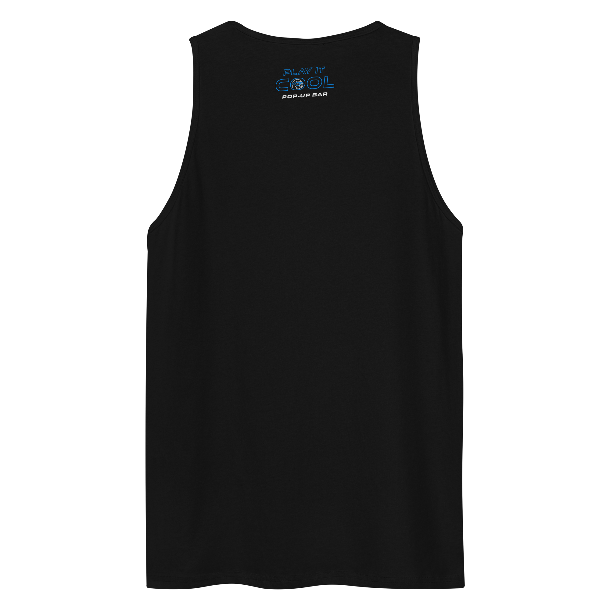 Black tank top with blue "Play It Cool Pop-Up Bar" embroidery on the back.