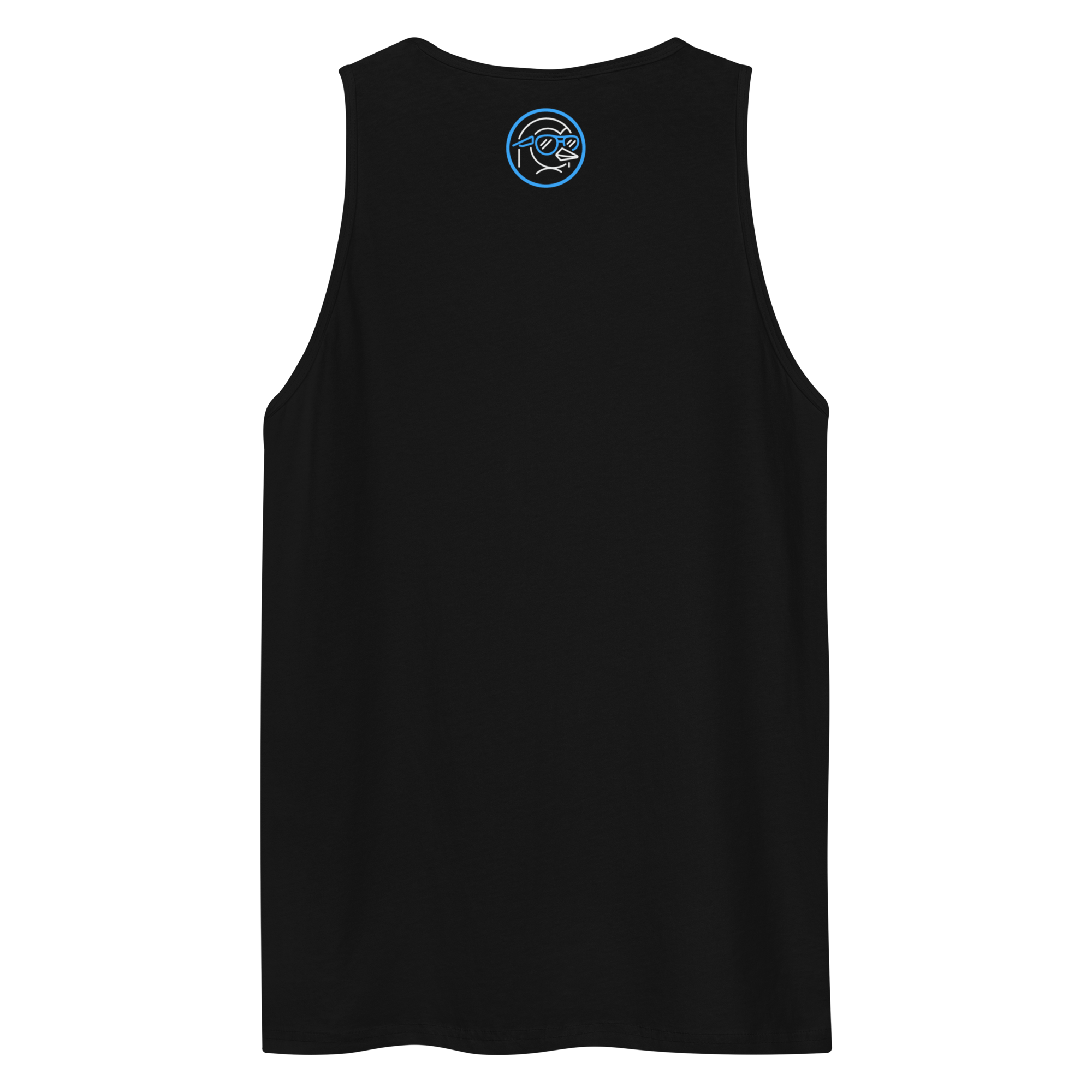 Black tank top featuring the 'Play It Cool Pop-Up Bar' logo in blue on the upper back.