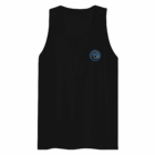 Black tank top featuring an embroidered penguin design in blue on the left chest.