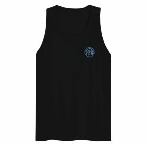 Black tank top featuring an embroidered penguin design in blue on the left chest.