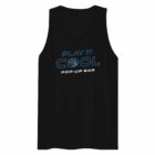 Black tank top featuring the 'Play It Cool Pop-Up Bar' logo in blue and white.