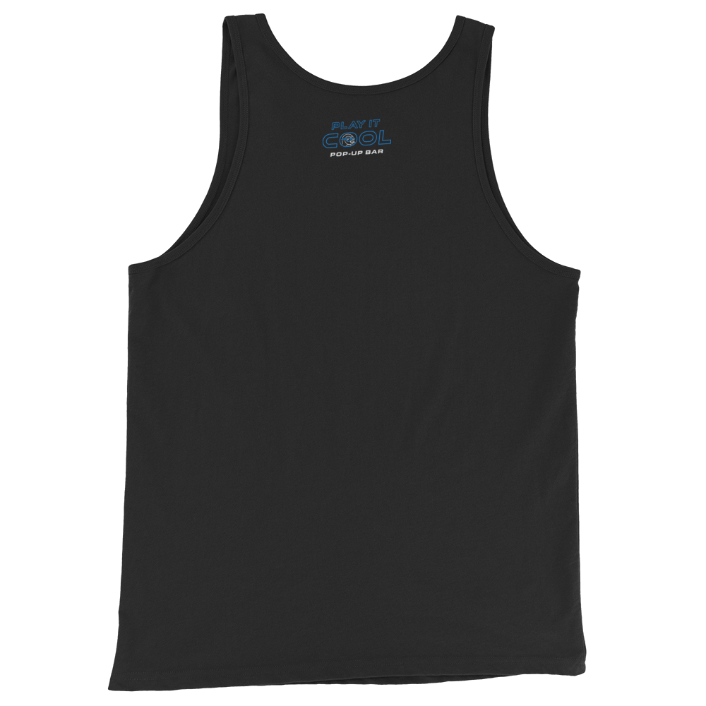 Black pride tank top with 'Play It Cool Pop-Up Bar' text in blue and white on the back.