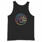 Black pride tank top featuring a penguin with rainbow sunglasses framed by a colorful circle.