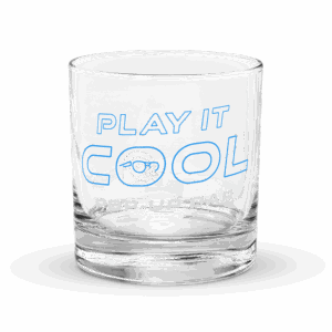 "Rocks Glass" with blue text "PLAY IT COOL" and "POP-UP BAR" on a black background.