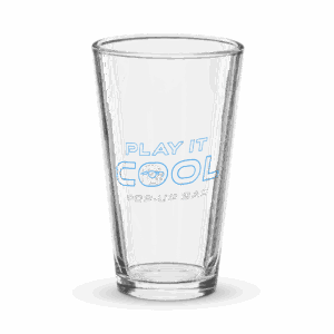 Shaker Pint Glass with 'Play It Cool Pop-Up Bar' logo in blue, featuring an icon of a dog wearing sunglasses.