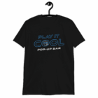 "Play It Cool Pop-Up Bar" logo T-shirt in black, featuring blue and white text design with a stylized icon.
