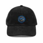 Black corduroy hat featuring a penguin logo with sunglasses, outlined in blue and white, on the front.