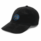 Black corduroy cap featuring an embroidered penguin wearing sunglasses, outlined in blue.