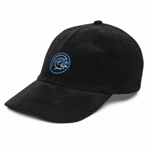 Black corduroy cap featuring an embroidered penguin wearing sunglasses, outlined in blue.
